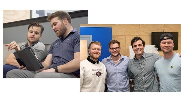 Left photo (left to right): Ryan Satre and Jordan Creason. Right photo (from left to right): Jared Creason, Jacob Tefteller, Brenton Clark, and Isaac Larsen