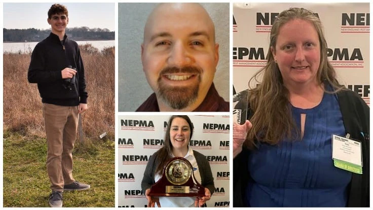 Left photo: Nick Spigler, Mark Weintraub Scholarship Recipient. Middle top photo: Benjamin Burke, Professional of the Year Award. Top middle photo: Molly Moran, Vendor of the Year Award. Right photo: Hope Bowman, PWIPM of New England Women of Excellence Award.