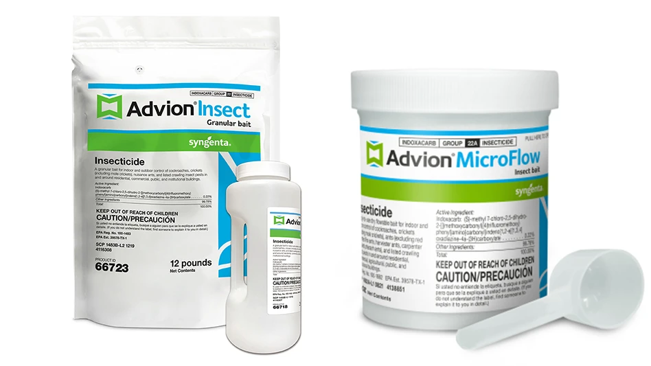 Advion Insect granular bait (left) and Advion MicroFlow insect bait (right).