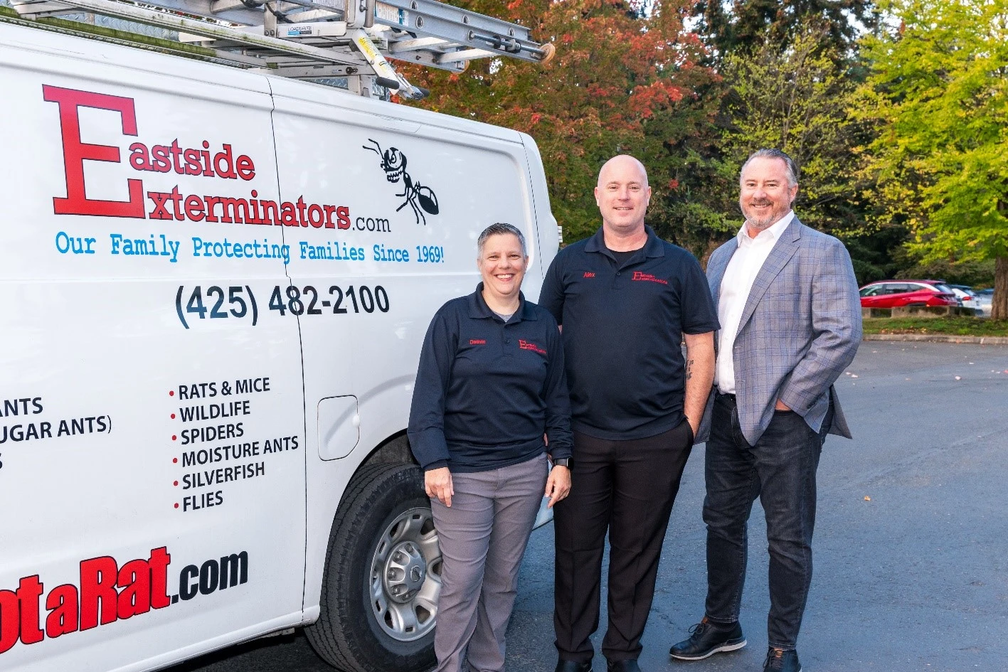 Left to right: Eastside Exterminators Owners Deanna Townsend and Alex Altizer, and Bill Talon, president of Anticimex South & West North America.