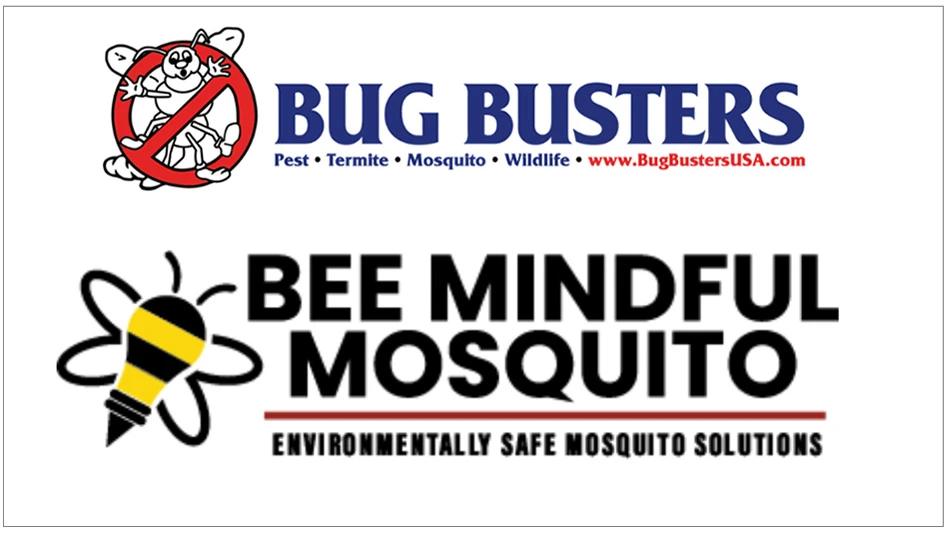 Photo of the Bug Busters and Bee Mindful Mosquito logos.