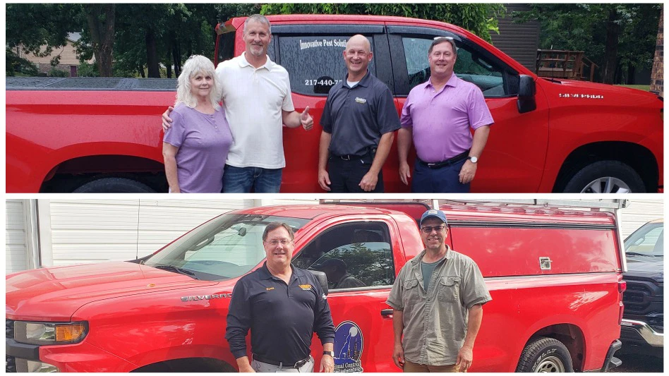 Top photo (from left to right): Brenda and Kevin Harlow (owners of Innovative Pest Solutions), Jaime Phelps (regional manager, Plunkett’s Pest Control), Scott Steckel (Plunkett’s Pest  Control/Varment Guard). Bottom photo:  Steckel and John Hagan (Owner of Animal Control Specialists).