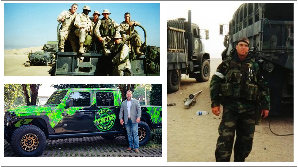 Shane Loftin (bottom left and right), owner of Shane's Pest Solutions, is a U.S. Marine who served during the Iraq War (upper left).