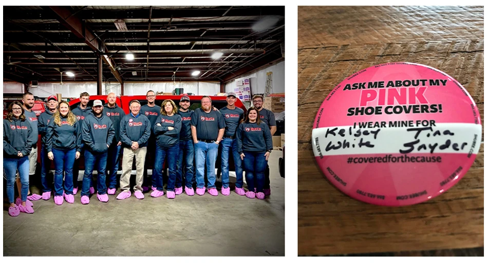 Service technicians from Burt's Termite & Pest Control. wore pink booties and buttoms to raise awareness of breast cancer and honor those who have been affected by this disease.