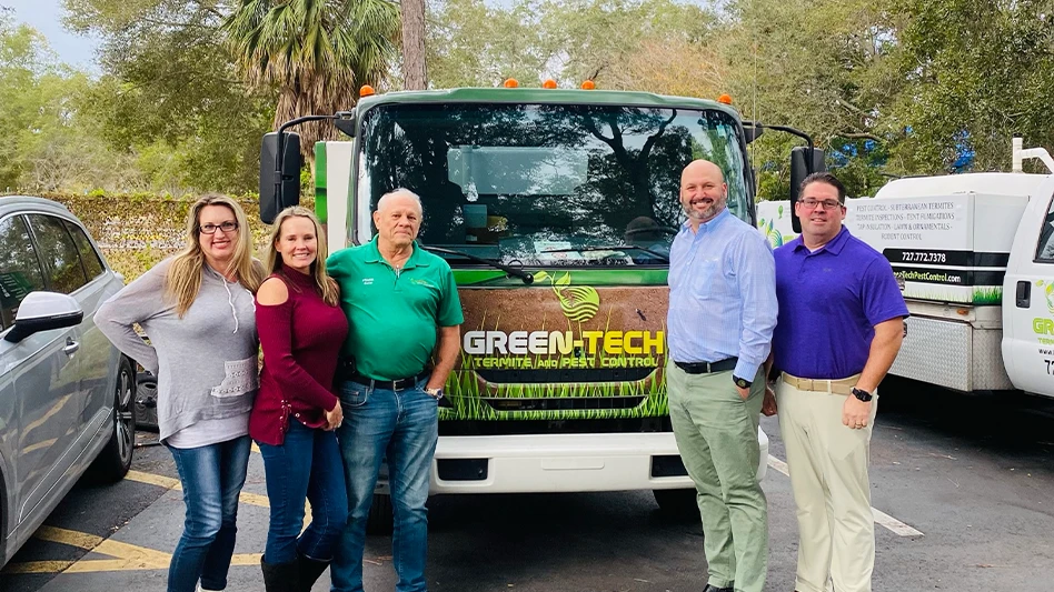 Danielle Erlandson (left), Nicki Chandler and Frank Nabonzy from Green-Tech, and Ryan Bradbury and Jason Guy from Rockit Pest.